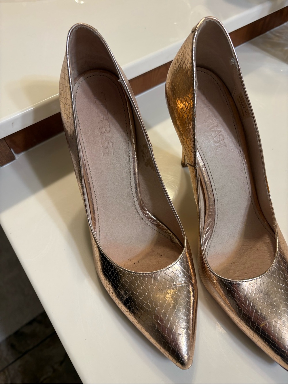 Supertrash Metallic Gold Snakeskin Pointed-Toe Pumps